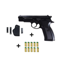 Black 9mm blank pistol kit with holster, clips, and 10 blank cartridges on white background