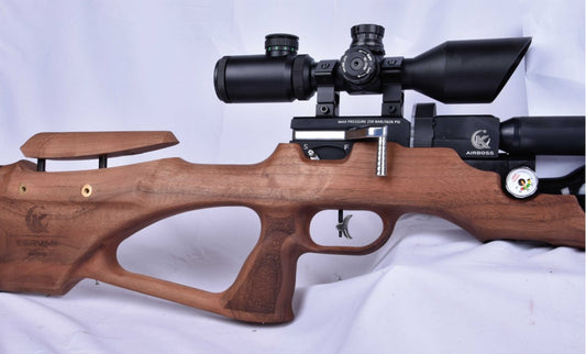 Kervan Airboss K1 PCP rifle - walnut stock and receiver detail