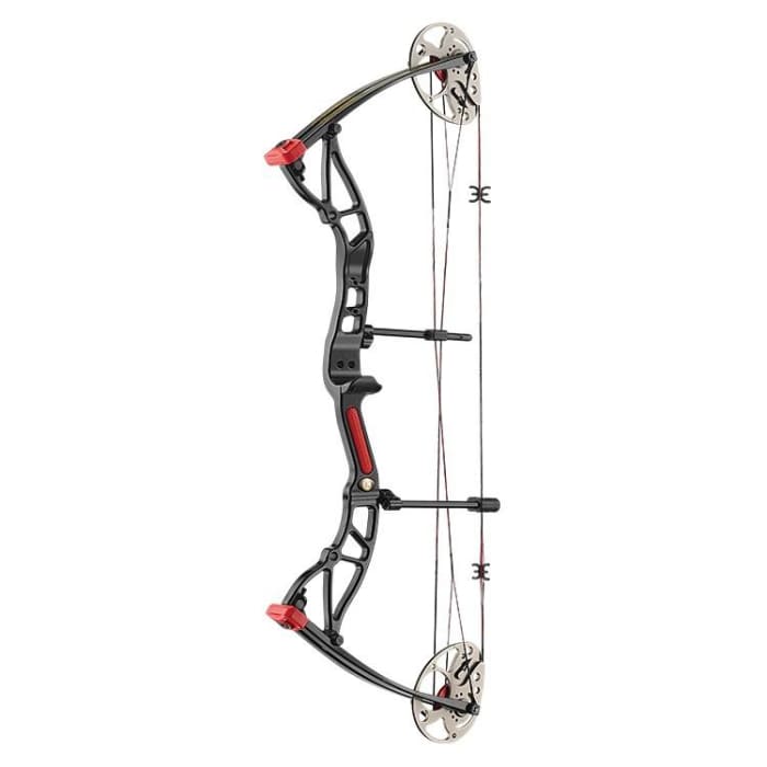 Black compound bow kit with red accents, adjustable draw, isolated on white background