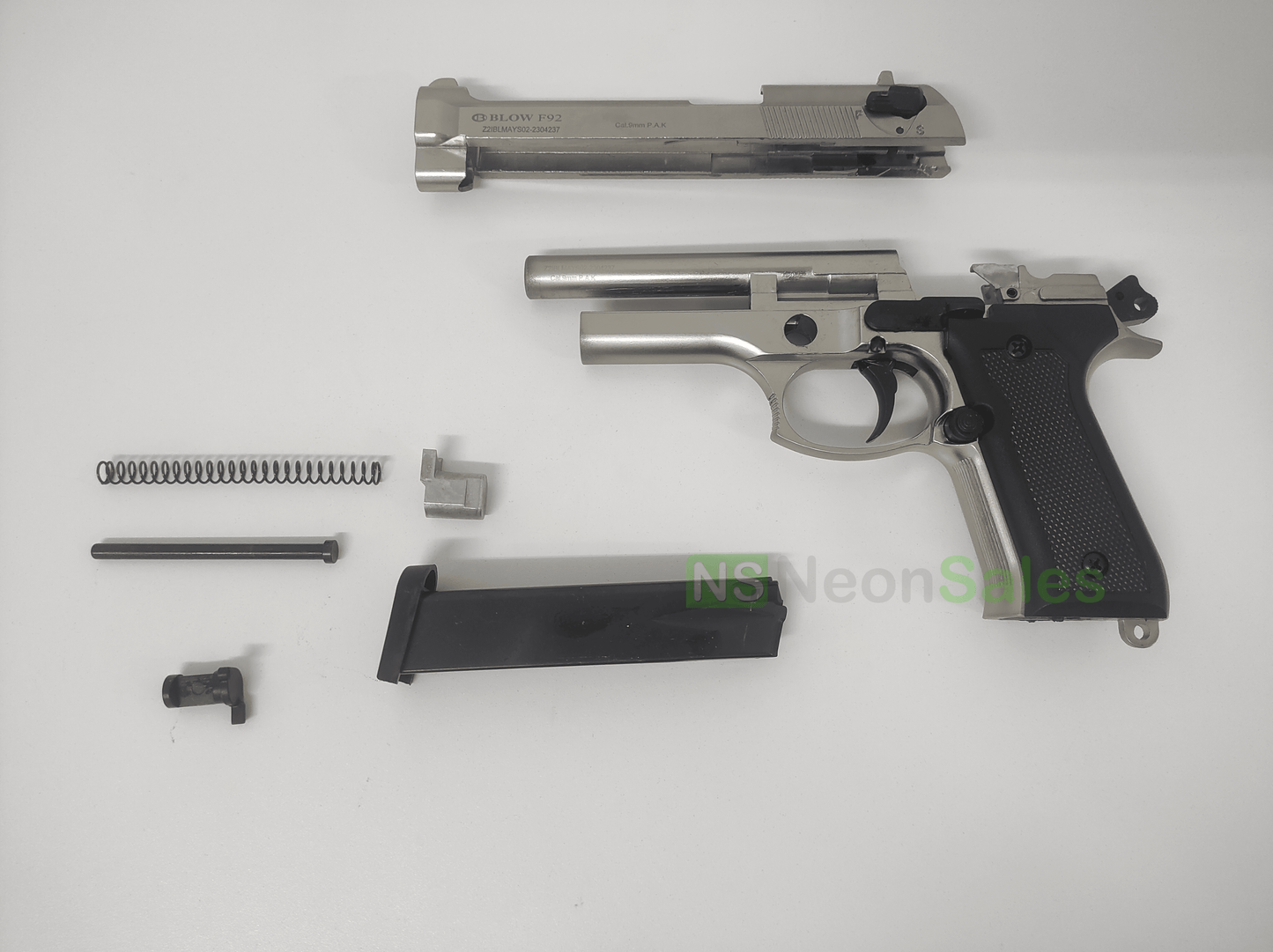 BLOW F92 BLANK GUN - SATIN W/ BLACK GRIPS & TRIM - NeonSales {{ shop.shopifyCountryName }}