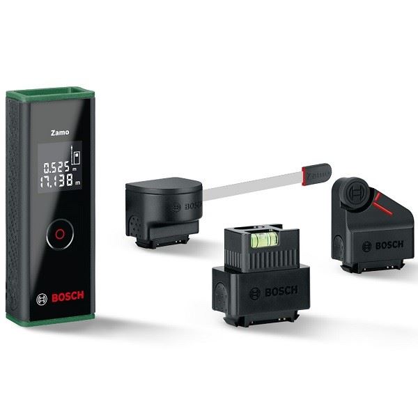 Bosch Zamo III laser measurer with tape, wheel and line adapters