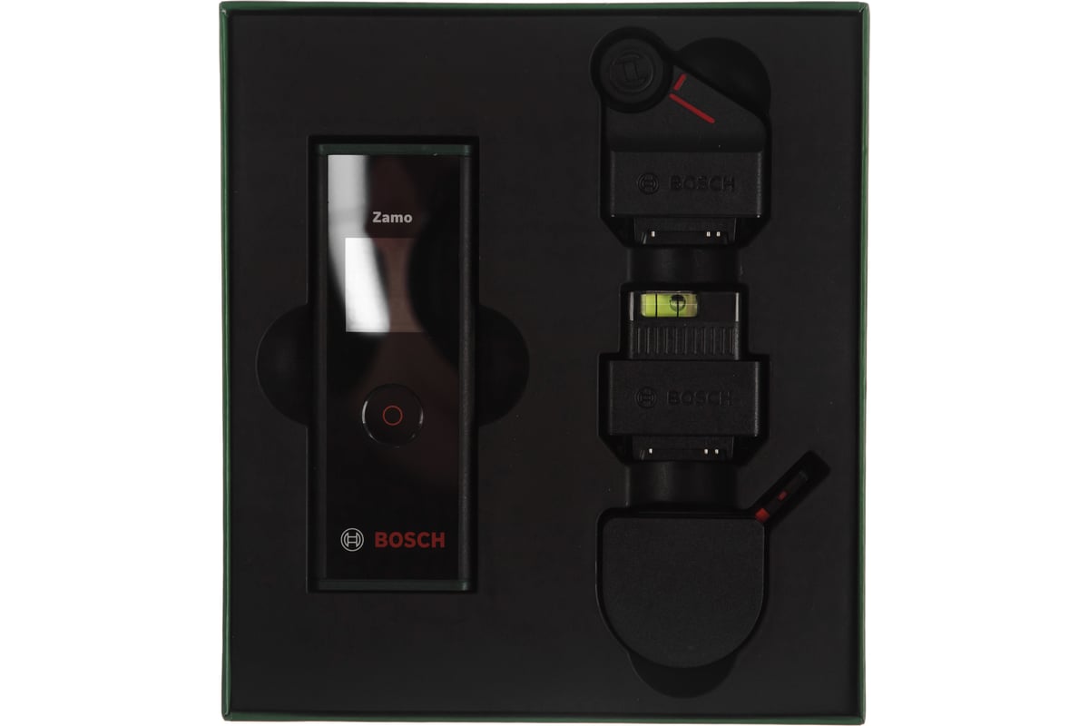 Bosch Zamo III Set arranged with laser measurer and three adapters