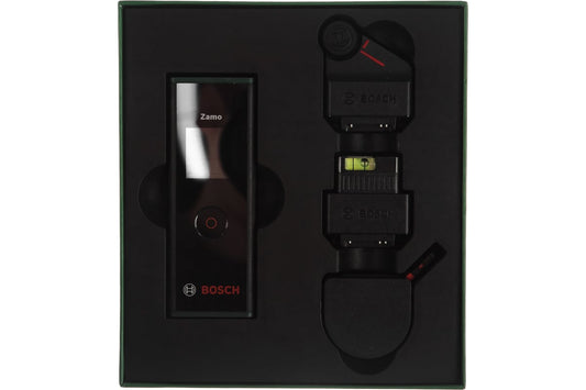 Bosch Zamo III Set arranged with laser measurer and three adapters