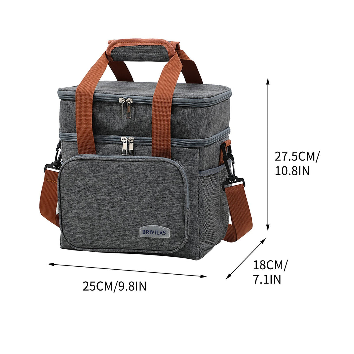 BRIVILAS double-layer insulated lunch cooler bag grey dimensions view