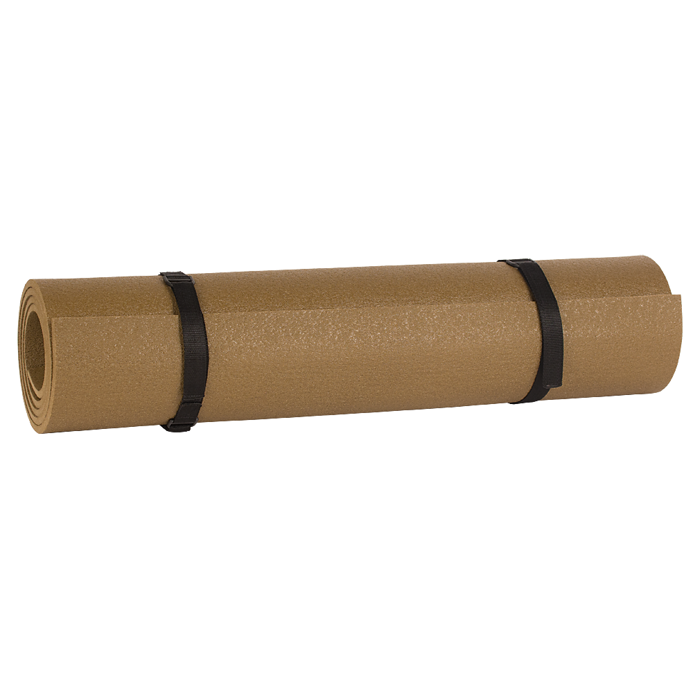 Tan roll-up foam camping mat with carry straps
