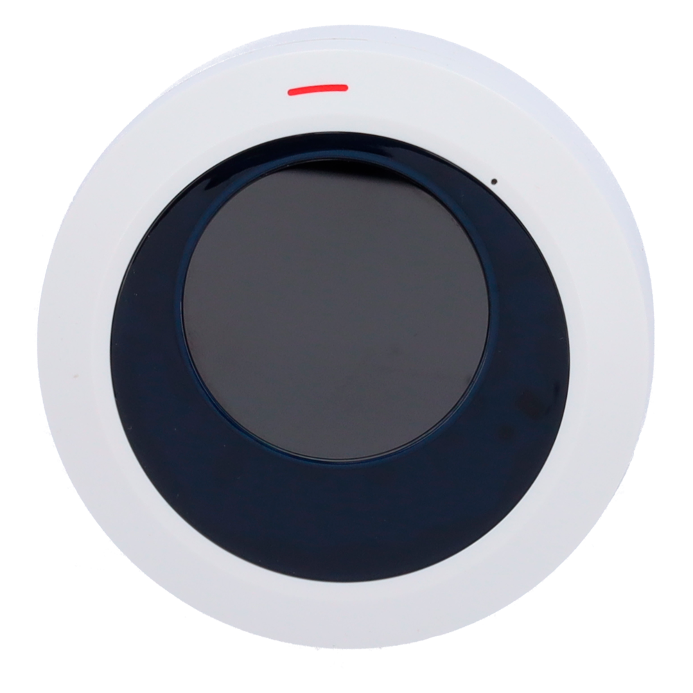 Round white and black wireless security alarm sensor with red indicator light