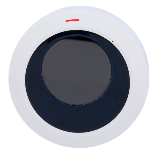Round white and black wireless security alarm sensor with red indicator light