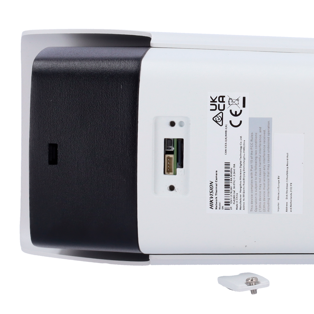 Close-up of a security camera's rear panel showing ports and product labels for CCTV installation.