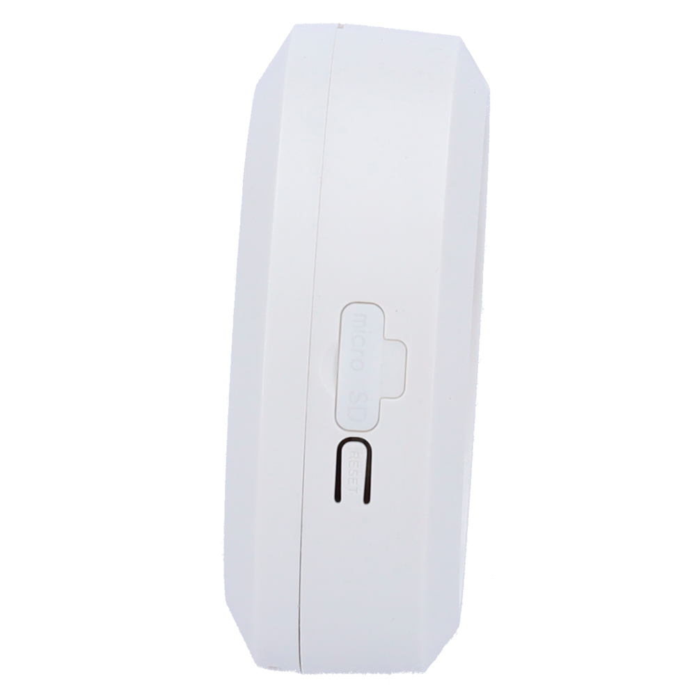 Close-up of white security camera side with micro SD card slot and reset button visible