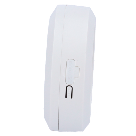 Close-up of white security camera side with micro SD card slot and reset button visible