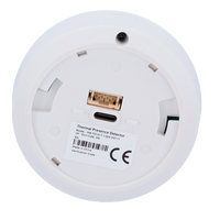 Back view of thermal presence detector with label and ports, security and alarm accessory