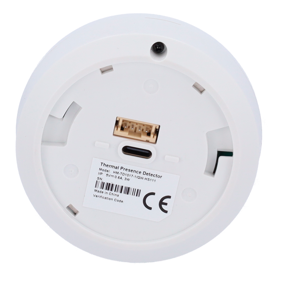 Back view of thermal presence detector with label and ports, security and alarm accessory