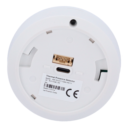 Back view of thermal presence detector with label and ports, security and alarm accessory