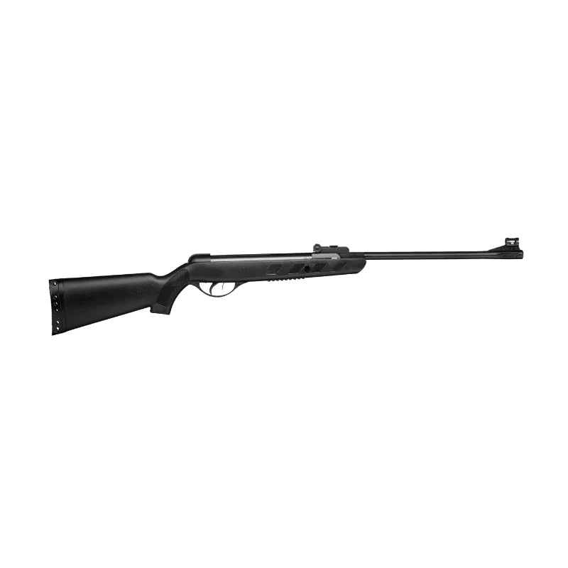 Black tactical air rifle with synthetic stock and front sight, side view on white background