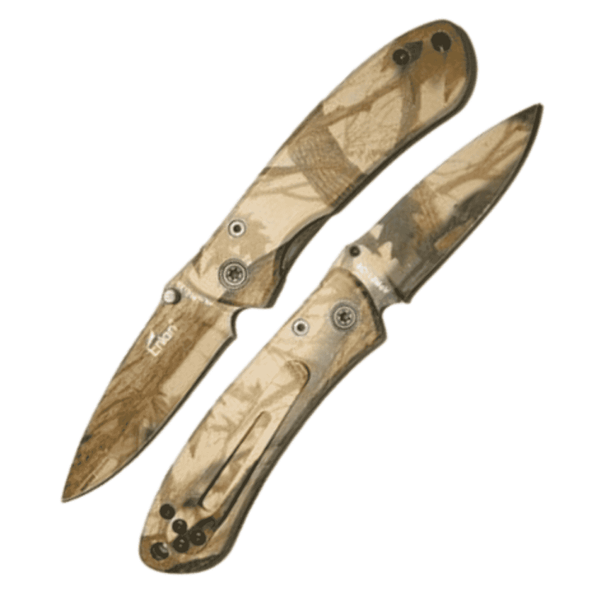 Enlan Roller Camo EN2013 folding knife angled open and reverse views