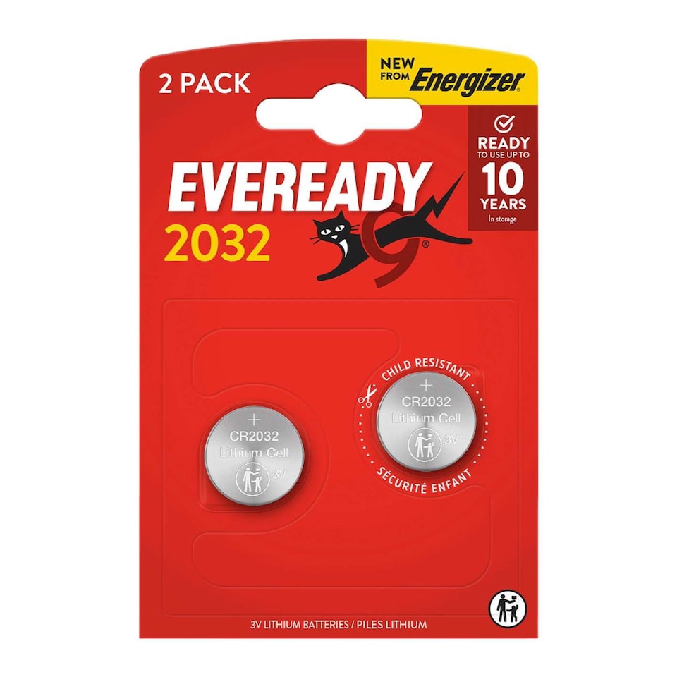 Eveready CR2032 3V lithium coin batteries twin pack