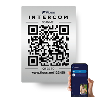 Fluss A5 QR intercom board shown with the Fluss mobile app