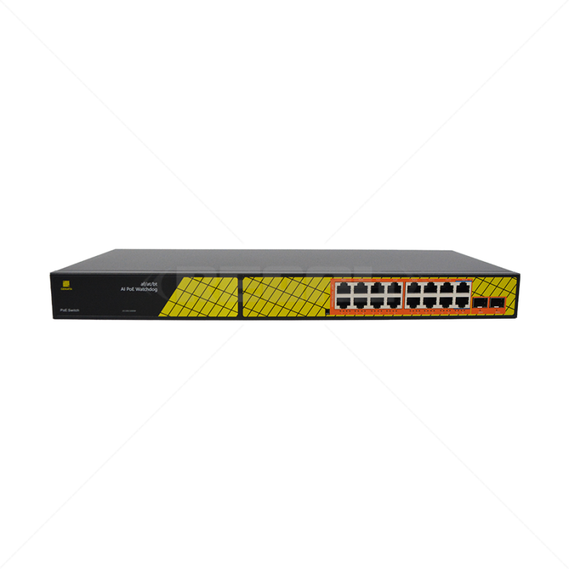 Genata 16-port Gigabit PoE switch with RJ45 and SFP uplinks