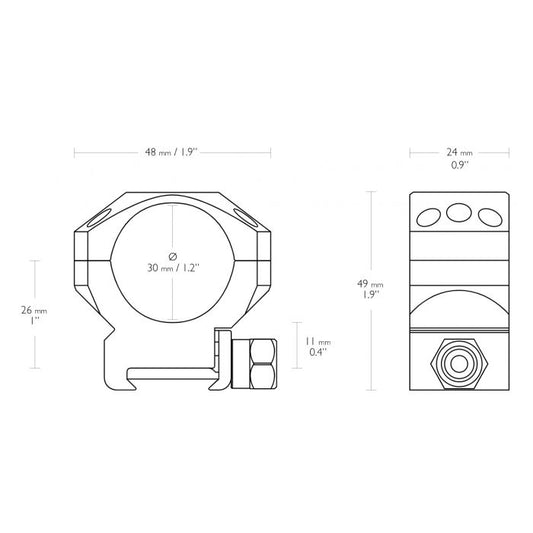 Hawke Tactical 30mm Medium Weaver ring mounts - dimensions