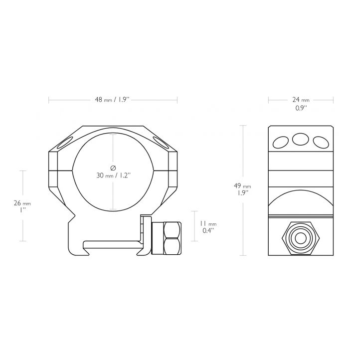 Hawke Tactical 30mm Medium Weaver ring mounts - dimensions