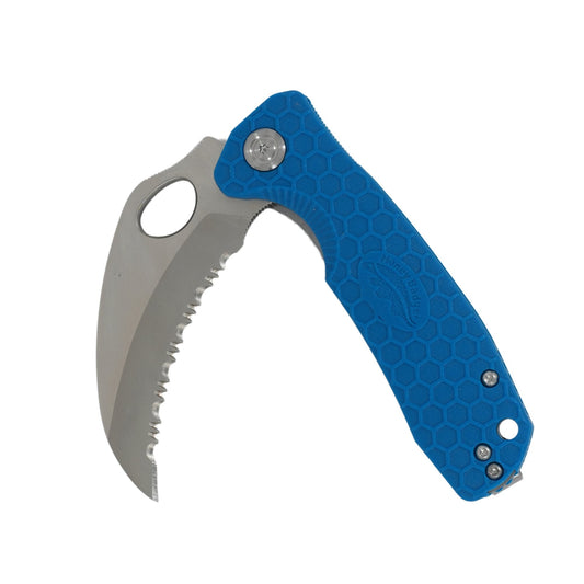 Honey Badger Medium D2 serrated claw (hawkbill) knife Blue