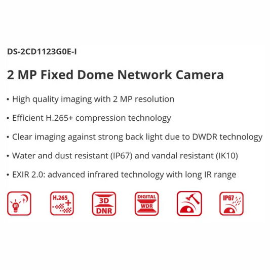 HIKVISION 2MP IP DOME 2.8MM DS-2CD1123G0E-I - NeonSales {{ shop.shopifyCountryName }}