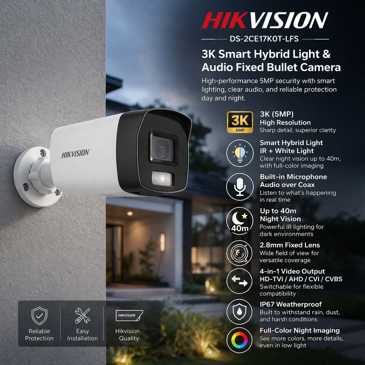 Hikvision DS-2CE17K0T-LFS 3K hybrid audio bullet camera