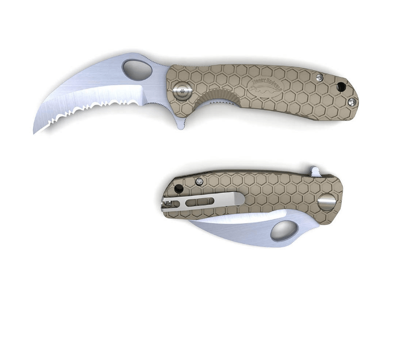 HONEY BADGER CLAW SERRATED FLIPPER - SMALL TAN - NeonSales {{ shop.shopifyCountryName }}