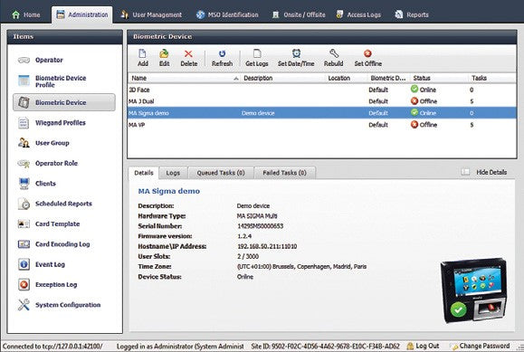 IDEMIA MorphoManager biometric device management screen