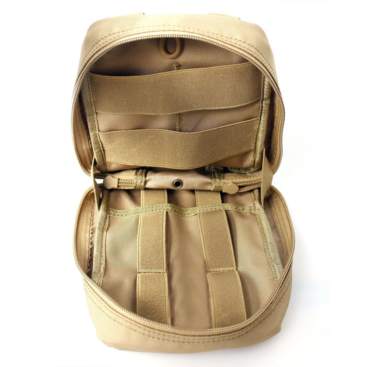 Tan IFAK MOLLE medical pouch open interior with elastic organisers