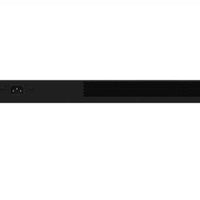 Black rack mount network switch rear view, power input, ventilation slots, security hardware