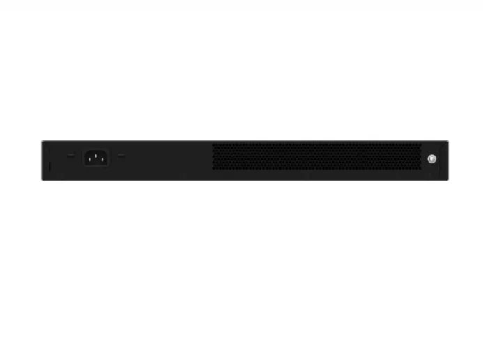 Black rack mount network switch rear view, power input, ventilation slots, security hardware