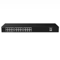 24-port network switch with black metal housing, front Ethernet ports visible