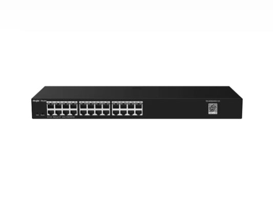 24-port network switch with black metal housing, front Ethernet ports visible