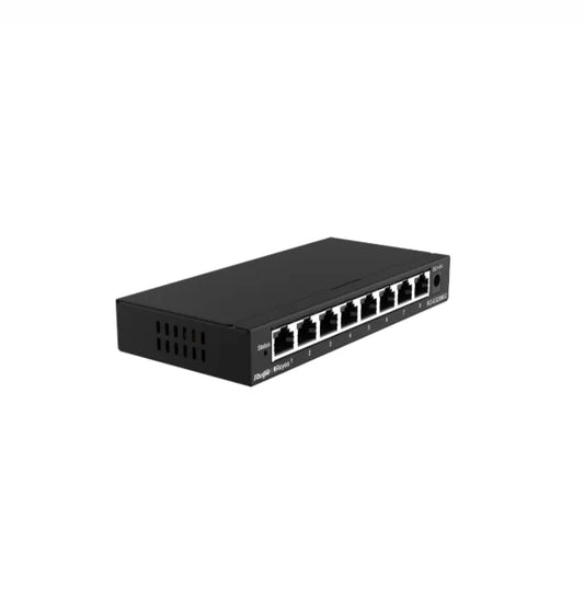 Black 8-port network Ethernet switch with front-facing LAN ports on white background