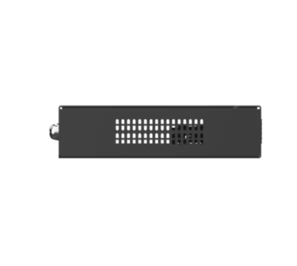 Black metal security enclosure panel with ventilation slots, isolated on white background