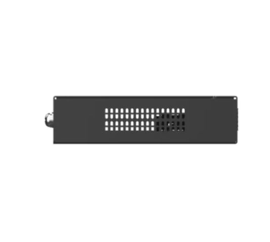 Black metal security enclosure panel with ventilation slots, isolated on white background
