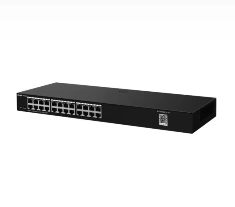 24-port black network switch for ethernet connectivity, suitable for CCTV and security systems