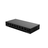Black 8-port Ethernet network switch with labeled ports on a white background