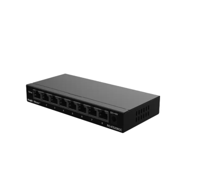 Black 8-port Ethernet network switch with labeled ports on a white background