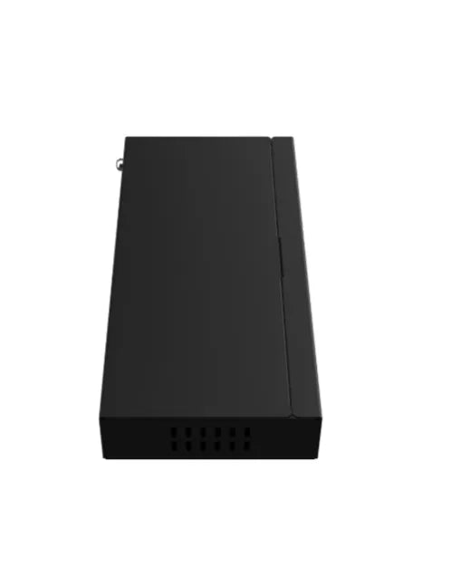 Black rectangular security device or gate motor component with vented slots, isolated on white background