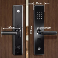 Digital smart door lock with keypad and handle, black finish, with dimensions 370mm x 140mm x 75mm x 50mm depth.