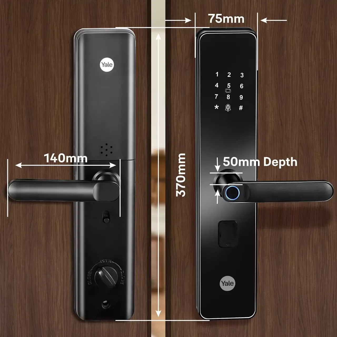 Digital smart door lock with keypad and handle, black finish, with dimensions 370mm x 140mm x 75mm x 50mm depth.