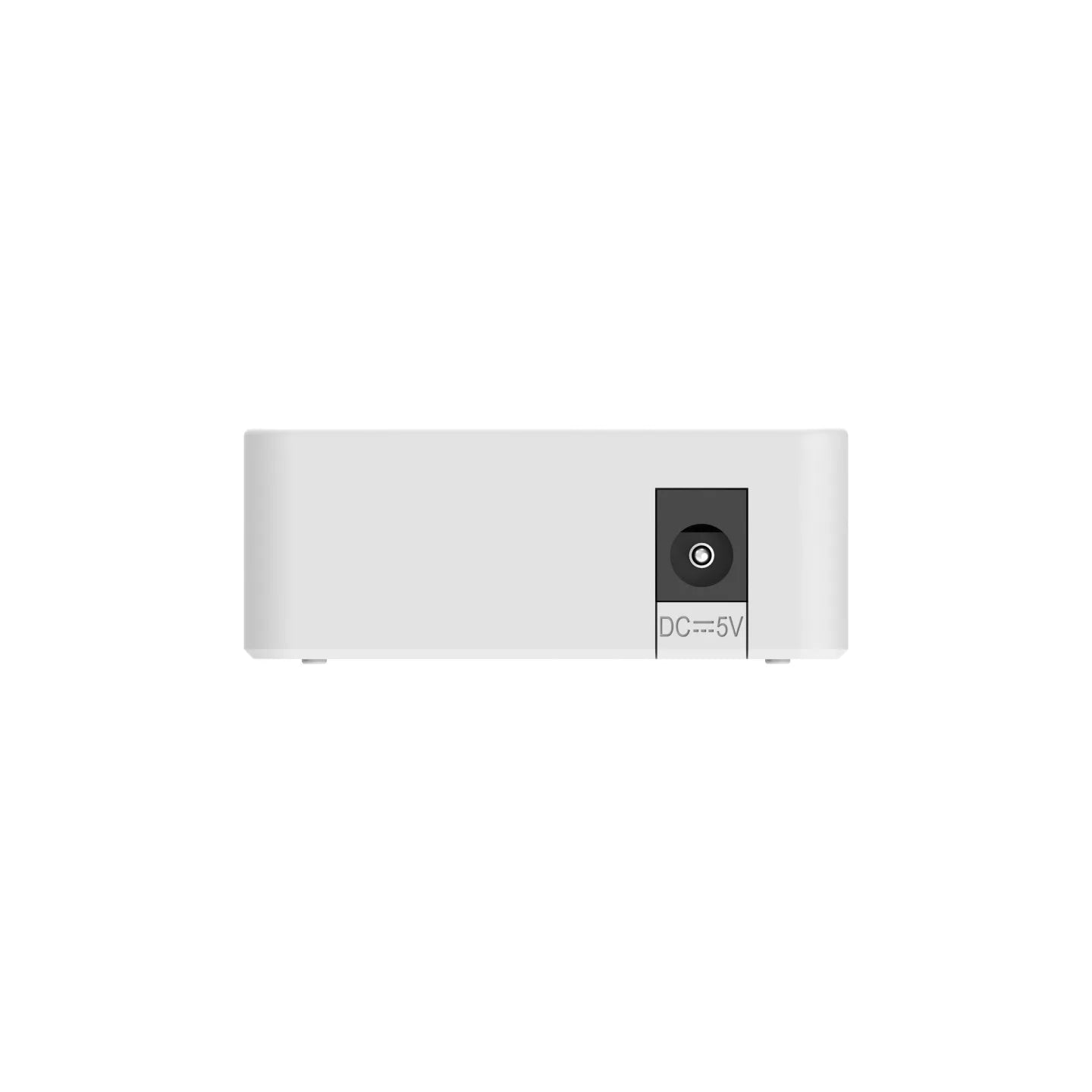 White electronic device with a DC 5V power input port on a plain background
