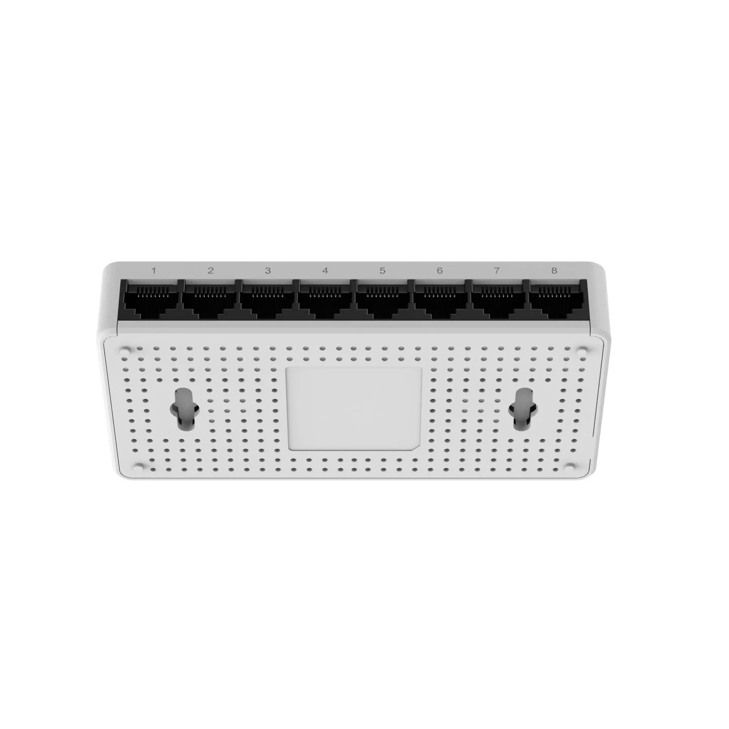 White 8-port Ethernet network switch with wall-mount slots and numbered RJ45 ports
