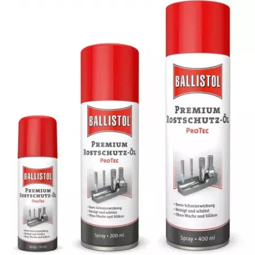 Three Ballistol Premium ProTec rust protection oil spray cans in different sizes with red caps
