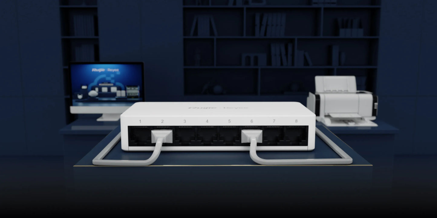 Network switch with ethernet cables on office desk, computer and printer in background