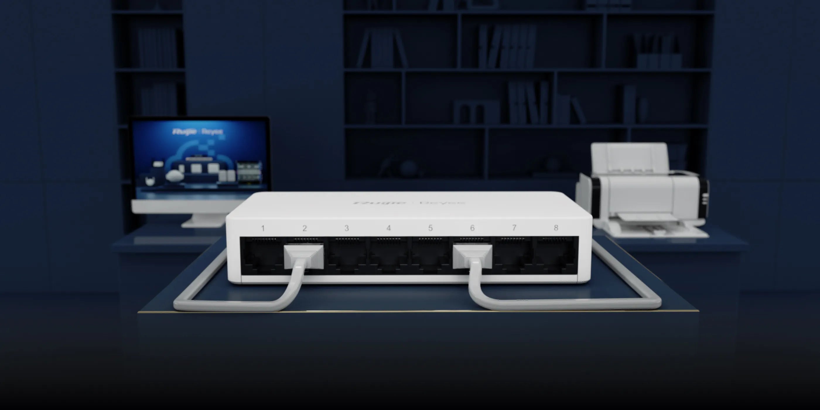 Network switch with ethernet cables on office desk, computer and printer in background