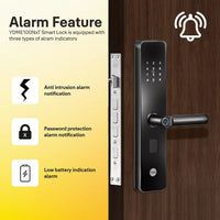 Black smart door lock with alarm features for intrusion, password, and low battery alerts
