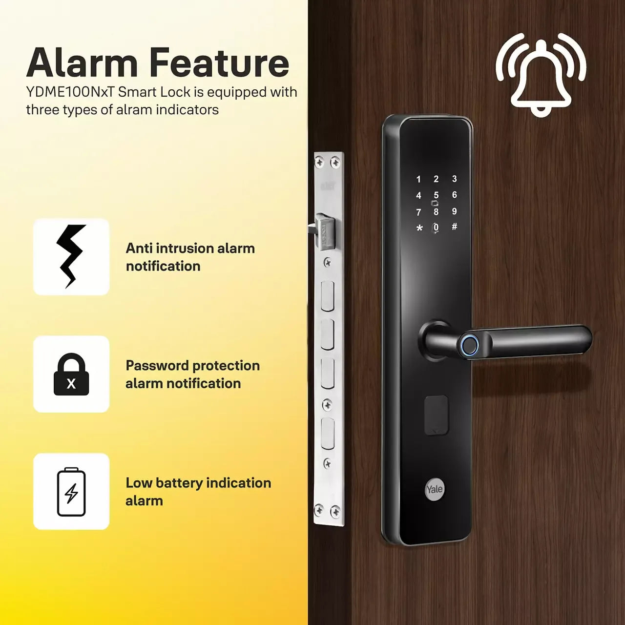Black smart door lock with alarm features for intrusion, password, and low battery alerts